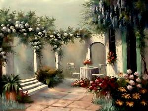 inviting archways chairs flowers patio plants Roses steps Table wisteria HD wallpaper thumb