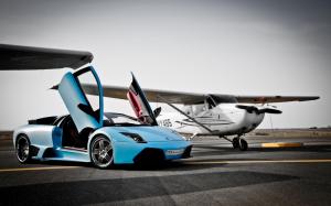 Lamborghini blue supercar, airport, airplane wallpaper thumb