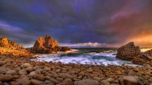 Shore Ocean Rocks Stones HDR Clouds HD wallpaper thumb