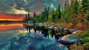 Forest Lake Rocks Stones Sunset Clouds Reflection HD wallpaper thumb