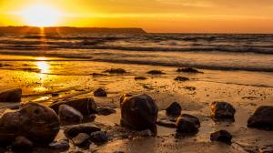 Beach Rocks Stones Ocean Sunset Sunlight HD wallpaper thumb