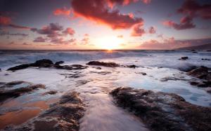 Sunset Ocean Beach Clouds Rocks Stones HD wallpaper thumb