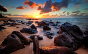 Coast, sea, ocean, stones, sunrise, clouds, horizon wallpaper thumb
