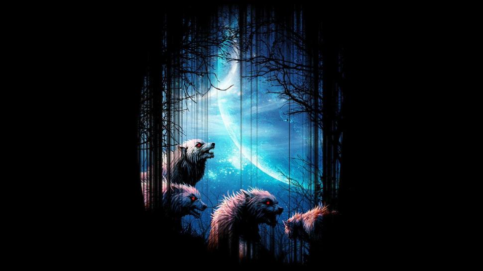 Red-eyed wolves wallpaper,fantasy HD wallpaper,1920x1080 HD wallpaper,forest HD wallpaper,monster HD wallpaper,moon HD wallpaper,wolf HD wallpaper,1920x1080 wallpaper