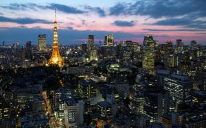 Japan capital Tokyo, city lights, tower, houses, skyscrapers, dusk wallpaper thumb
