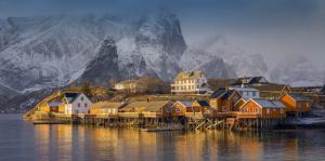 Nature, Landscape, Houses, Village, Mountain, Sea, Fjord, Snowy Peak, Mist, Norway, Sunset wallpaper thumb