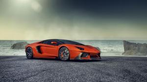 Orange Lamborghini, sports cars, seaside, landscape wallpaper thumb