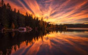 Sunset scenery, river, houses, trees, water reflection wallpaper thumb