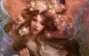 Art fantasy girl, hair, flowers, face, smoke wallpaper thumb