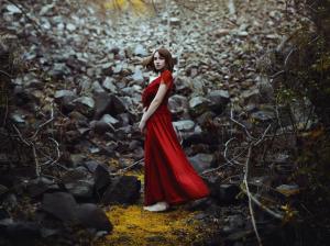 Red dress girl, short hair, stones wallpaper thumb