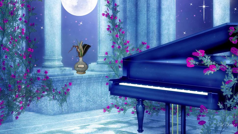 Piano By Moonlight wallpaper,roses HD wallpaper,vase HD wallpaper,music HD wallpaper,moon HD wallpaper,flowers HD wallpaper,3d & abstract HD wallpaper,1920x1080 wallpaper
