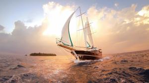 Sea, ship, sailboat, water, sunset, clouds wallpaper thumb