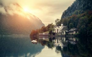 Beautiful morning scenery, mountain, lake, house, swans, forest wallpaper thumb