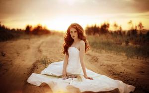 Beautiful bride, girl, white dress, sand, road wallpaper thumb