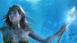 Beautiful fantasy girl, underwater, spear, crystal, jewelry wallpaper thumb