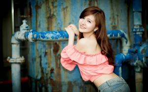 Smile asian girl, pink dress wallpaper thumb