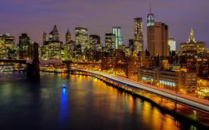 New York, night, houses, skyscrapers, lights, river, bridge wallpaper thumb