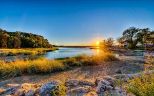 Long Island, New York, USA, sunset, river, trees, grass, house wallpaper thumb