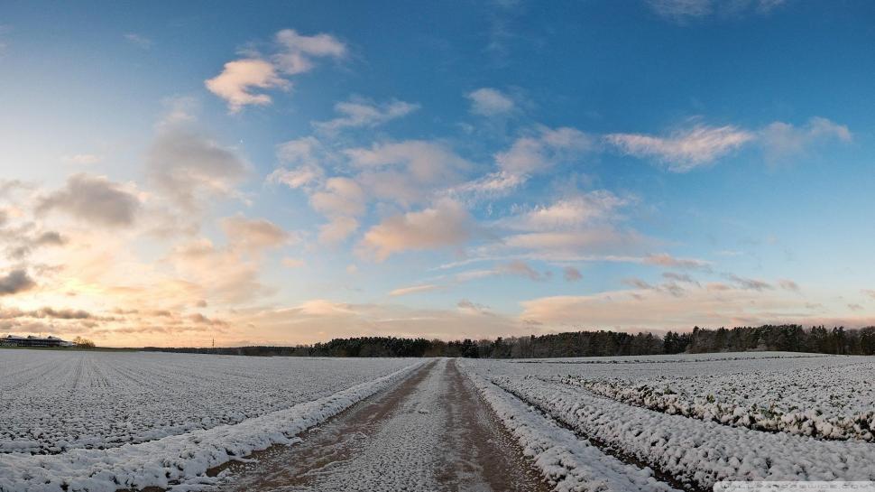 Rural Fields Covered In Snow wallpaper,snow HD wallpaper,fields HD wallpaper,clouds HD wallpaper,road HD wallpaper,nature & landscapes HD wallpaper,1920x1080 wallpaper