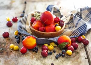 fruits, berries, plate, peaches, cherries wallpaper thumb
