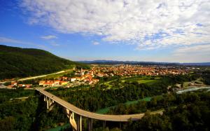 Nova Gorica, Slovenia, city view, road, river, houses, trees, clouds wallpaper thumb