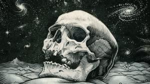 Skull, Monochrome, Drawing, Spiral Galaxy, Abstract wallpaper thumb