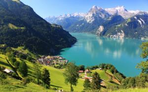 Switzerland Morschach landscape, mountains, rocks, snow, lake, forest, house wallpaper thumb