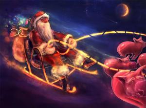 santa claus, night, christmas, gifts, pigs, sleds, flying wallpaper thumb