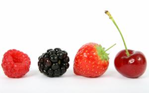 Fruits close-up, raspberry, blackberry, strawberry, cherry, white background wallpaper thumb