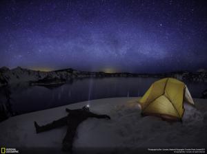 Stars Night Tent Person Light Snow Lake HD wallpaper thumb
