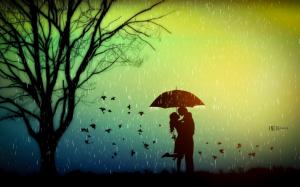 Romance, lovers, tree, leaves, rainy day, umbrella, creative design wallpaper thumb