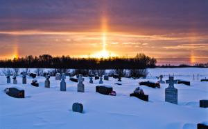 Cemetery Tombstones Sunset Snow Winter HD wallpaper thumb