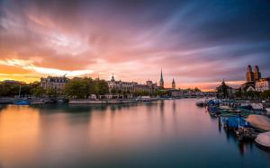 Zurich, Switzerland, city, evening, sunset, houses, river, bridge, boats wallpaper thumb