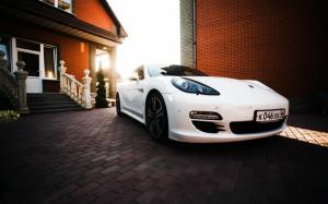 White Porsche supercar, villa wallpaper thumb