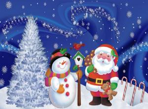 santa claus, snowman, christmas, tree, snowflakes, postcard wallpaper thumb