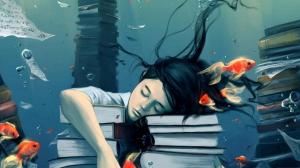 Underwater girl sleeping on books wallpaper thumb