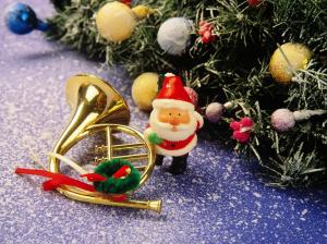 christmas tree, toys, santa claus, trumpet, christmas, snow wallpaper thumb