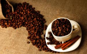 Coffee beans close-up, cup, cinnamon, bag wallpaper thumb