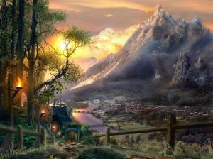 World Fantasy City Sunset Mountain River Background Pictures wallpaper thumb