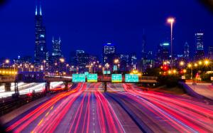 Chicago Buildings Skyscrapers Freeway Highway Light Night Timelapse HD wallpaper thumb