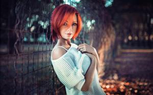Red hair fashion girl, portrait, fence wallpaper thumb