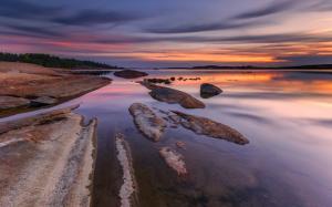 Norway, river, beach, stones, evening, sunset, sky, clouds wallpaper thumb