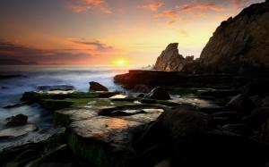 Coast Ocean Sunset Rocks Stones HD wallpaper thumb