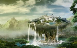 Creative design, float island, waterfalls, birds, clouds, mountains wallpaper thumb