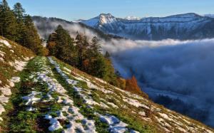 Morning, slope, snow, trees, mountains, fog, sky wallpaper thumb