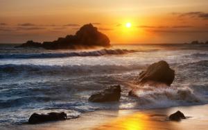 Sea, stones, waves, sunrise, dawn wallpaper thumb