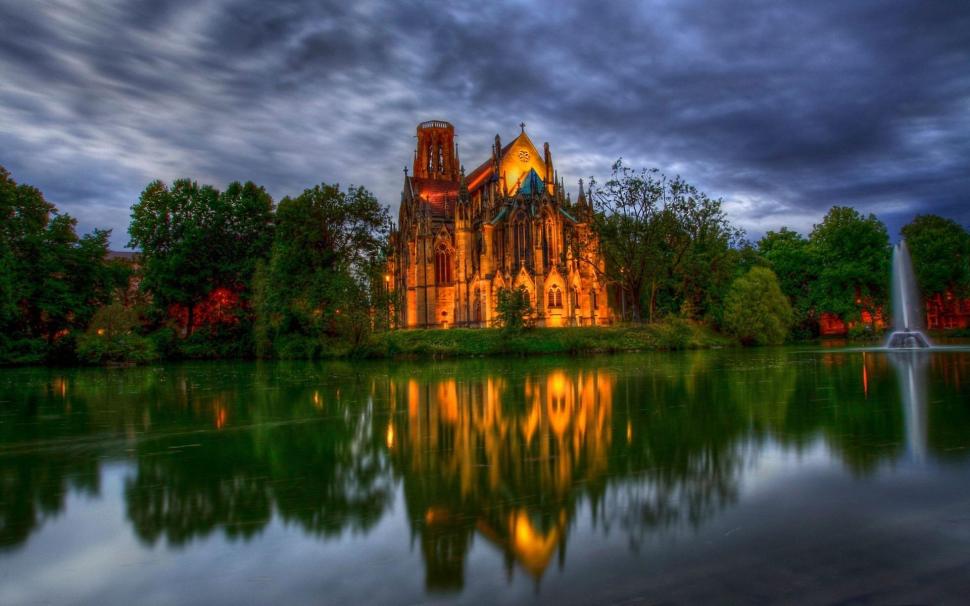 Beautiful Lit Cathedral Hdr wallpaper,lights HD wallpaper,trees HD wallpaper,fountain HD wallpaper,lake HD wallpaper,cathedral HD wallpaper,nature & landscapes HD wallpaper,1920x1200 wallpaper