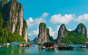 Travel to Vietnam, Halong Bay, boats, mountains, clouds wallpaper thumb