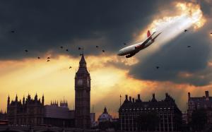 London sky plane at sunset wallpaper thumb