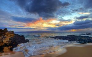 Sunset, Secret Beach, Makena, Maui, Hawaii, waves, clouds wallpaper thumb